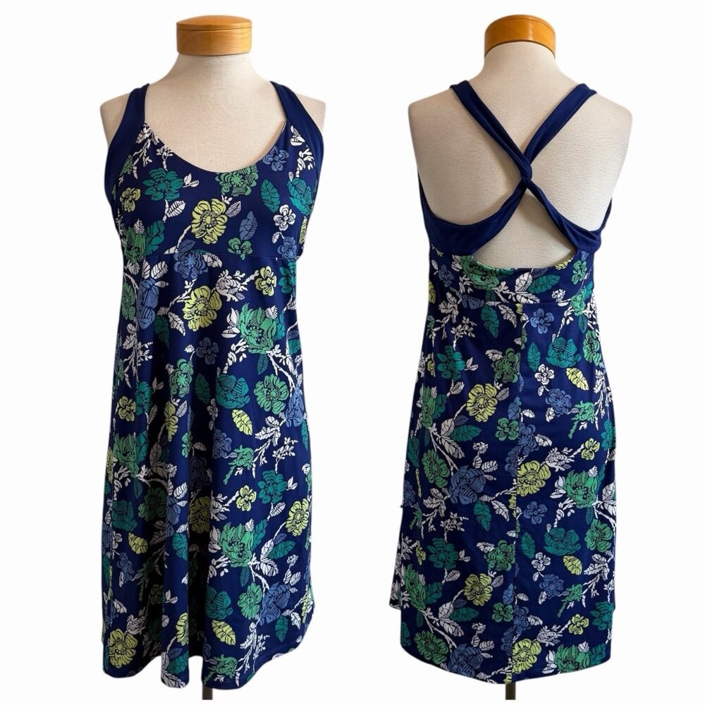 Patagonia Navy Floral Midi Dress with Green & Yellow Accents